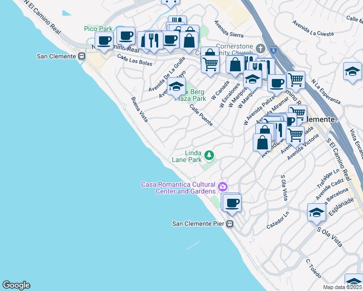 map of restaurants, bars, coffee shops, grocery stores, and more near 248 West Escalones in San Clemente