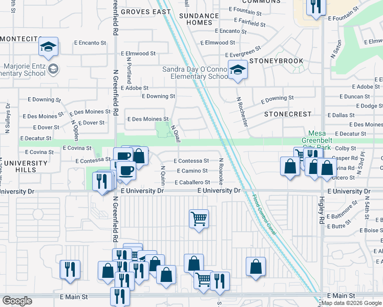 map of restaurants, bars, coffee shops, grocery stores, and more near 4650 East Covina Street in Mesa