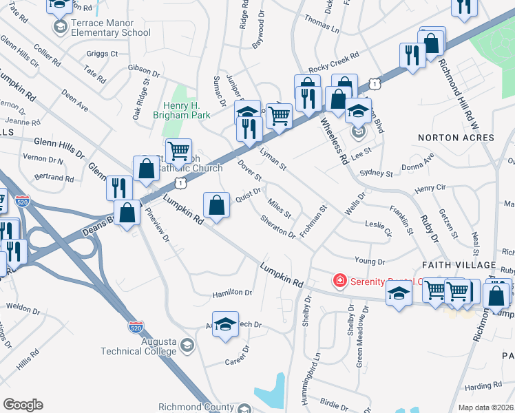 map of restaurants, bars, coffee shops, grocery stores, and more near 2551 Sheraton Drive in Augusta