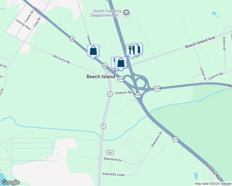 map of restaurants, bars, coffee shops, grocery stores, and more near 114 Dobson Road in Beech Island