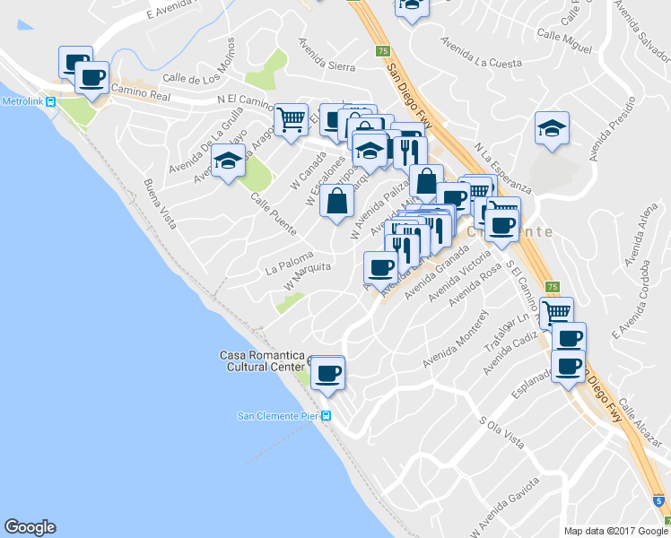 map of restaurants, bars, coffee shops, grocery stores, and more near 601 Calle Puente in San Clemente