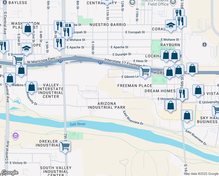 map of restaurants, bars, coffee shops, grocery stores, and more near 1050 East Hammond Lane in Phoenix