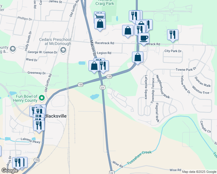 map of restaurants, bars, coffee shops, grocery stores, and more near 101 Carrington Green Pkwy in McDonough