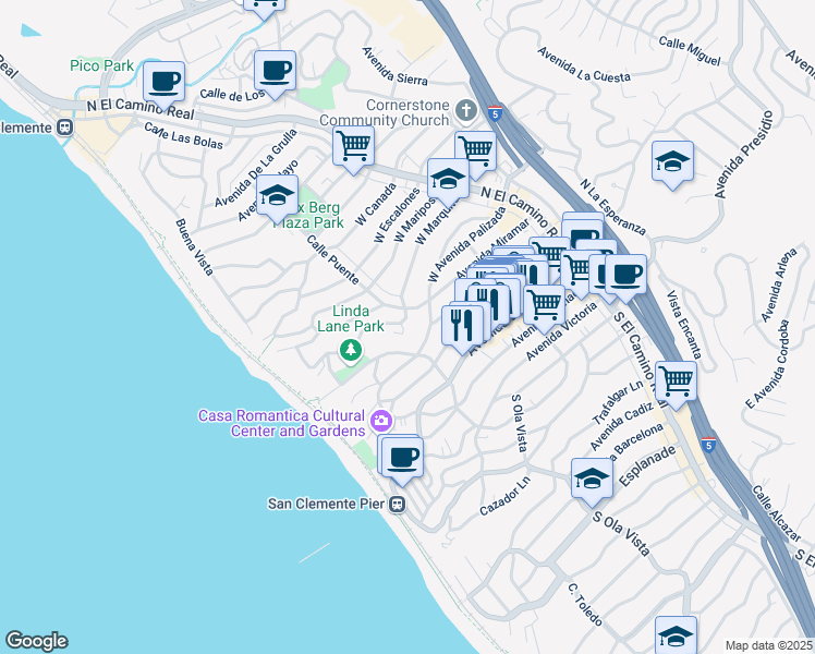 map of restaurants, bars, coffee shops, grocery stores, and more near 207 West Marquita in San Clemente