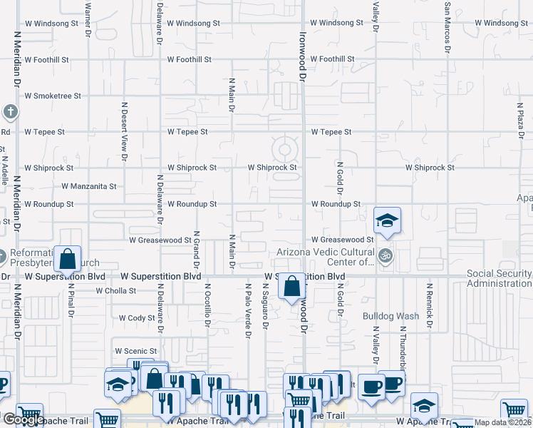 map of restaurants, bars, coffee shops, grocery stores, and more near 1280 North Ironwood Drive in Apache Junction