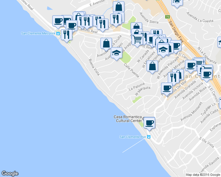 map of restaurants, bars, coffee shops, grocery stores, and more near 250 West Canada in San Clemente