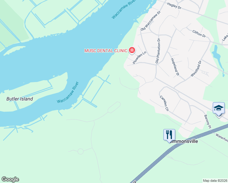 map of restaurants, bars, coffee shops, grocery stores, and more near 511 Rice Bluff Road in Pawleys Island