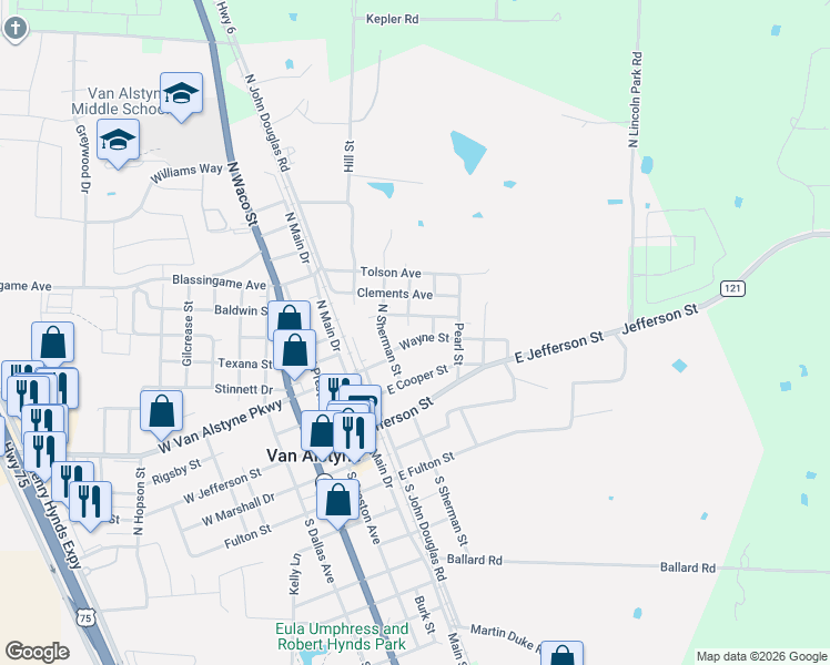 map of restaurants, bars, coffee shops, grocery stores, and more near 738 Wayne Avenue in Van Alstyne