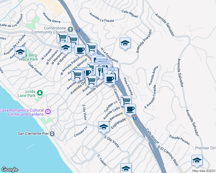 map of restaurants, bars, coffee shops, grocery stores, and more near 117 Avenida Victoria in San Clemente