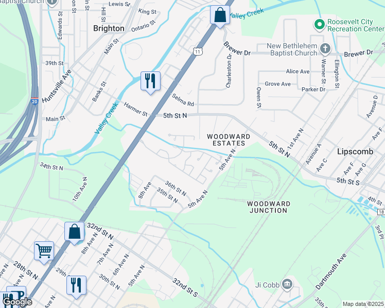 map of restaurants, bars, coffee shops, grocery stores, and more near 170-102 Melody Brook Drive in Bessemer