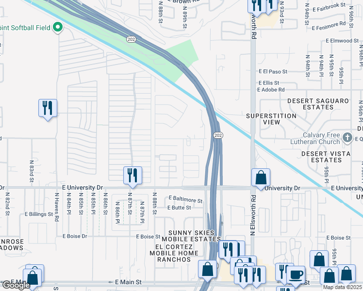 map of restaurants, bars, coffee shops, grocery stores, and more near 8864 East Colby Street in Mesa