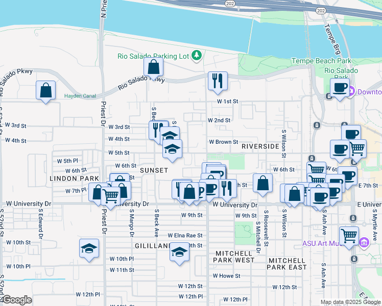 map of restaurants, bars, coffee shops, grocery stores, and more near 410 South Westfall Avenue in Tempe