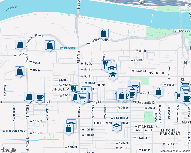 map of restaurants, bars, coffee shops, grocery stores, and more near 1238 West 5th Street in Tempe