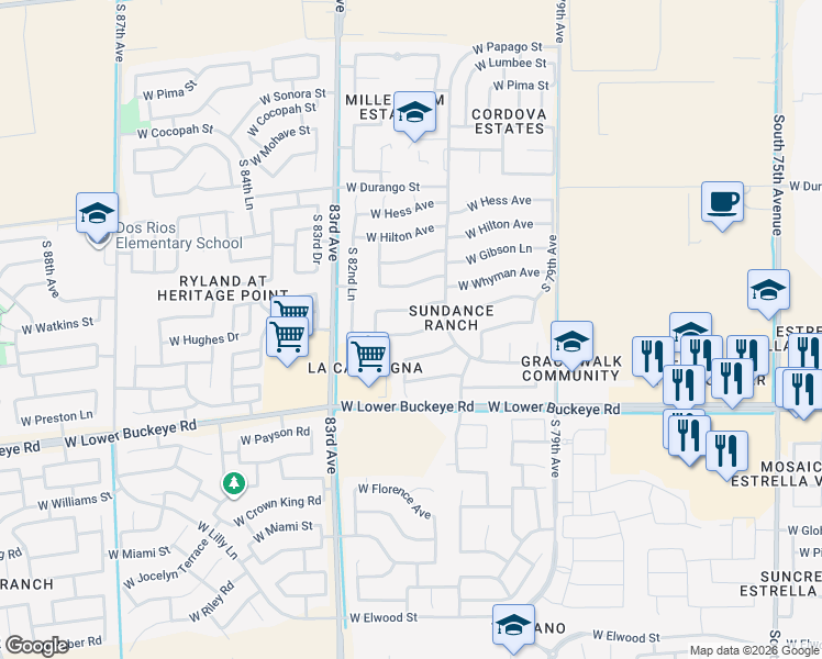 map of restaurants, bars, coffee shops, grocery stores, and more near 8143 West Watkins Street in Phoenix