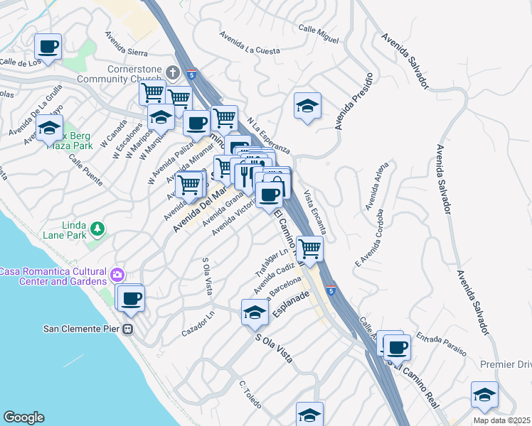 map of restaurants, bars, coffee shops, grocery stores, and more near 117 Avenida Victoria in San Clemente