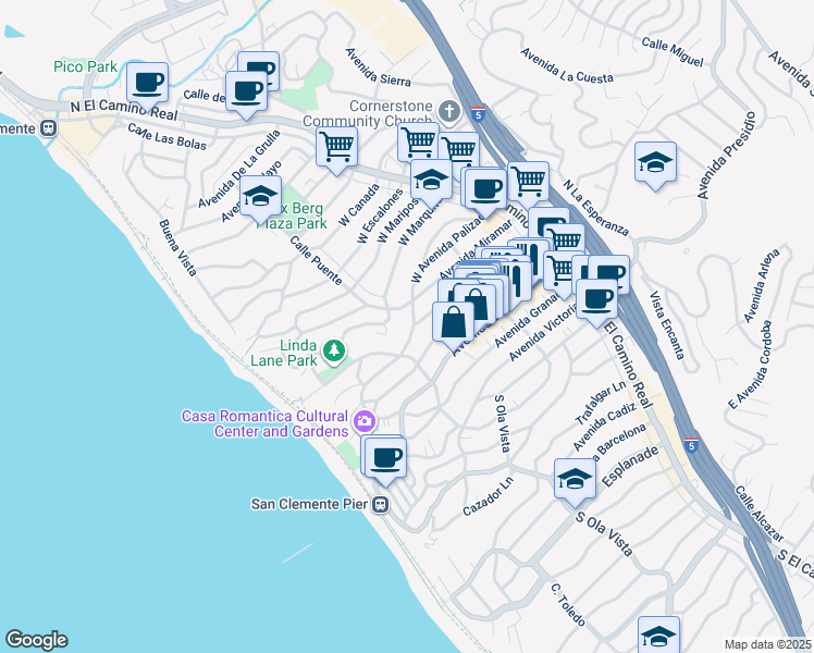 map of restaurants, bars, coffee shops, grocery stores, and more near 236 Avenida Serra in San Clemente