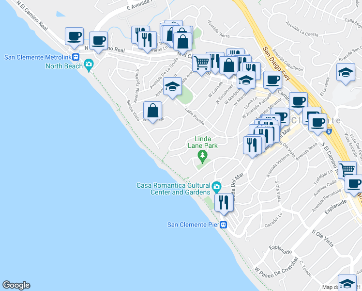 map of restaurants, bars, coffee shops, grocery stores, and more near 236 West Escalones in San Clemente