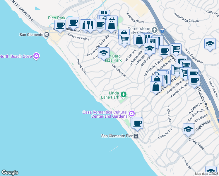 map of restaurants, bars, coffee shops, grocery stores, and more near 236 West Escalones in San Clemente