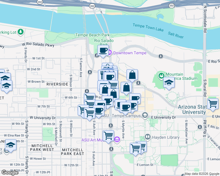 map of restaurants, bars, coffee shops, grocery stores, and more near S Mill Ave & W 5th St in Tempe