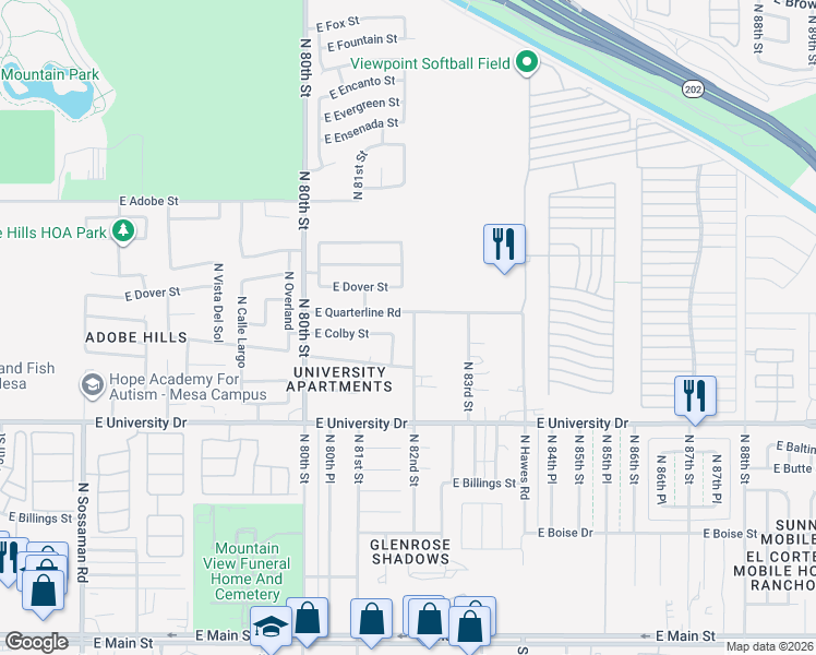 map of restaurants, bars, coffee shops, grocery stores, and more near 548 North 82nd Street in Mesa