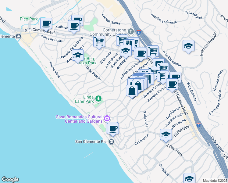 map of restaurants, bars, coffee shops, grocery stores, and more near 207 West Marquita in San Clemente