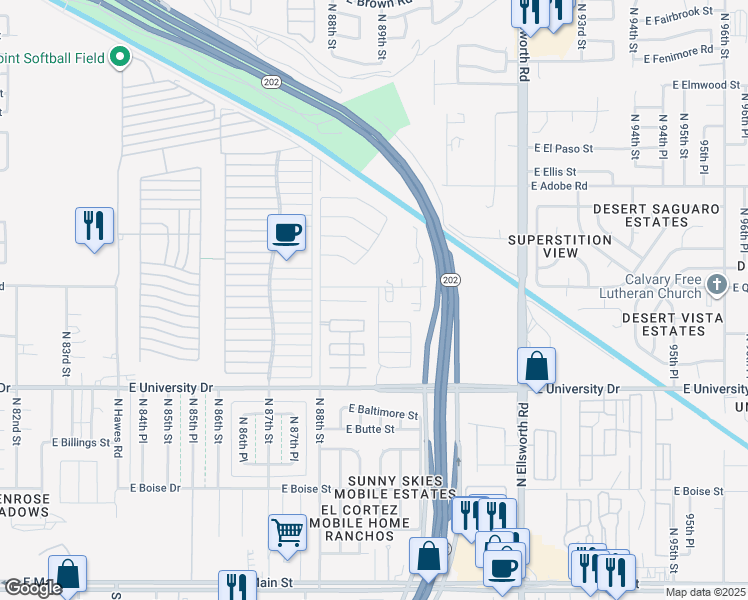map of restaurants, bars, coffee shops, grocery stores, and more near 8864 East Colby Street in Mesa
