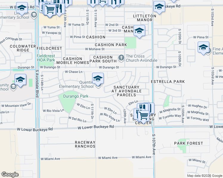 map of restaurants, bars, coffee shops, grocery stores, and more near 10930 West Davis Lane in Avondale