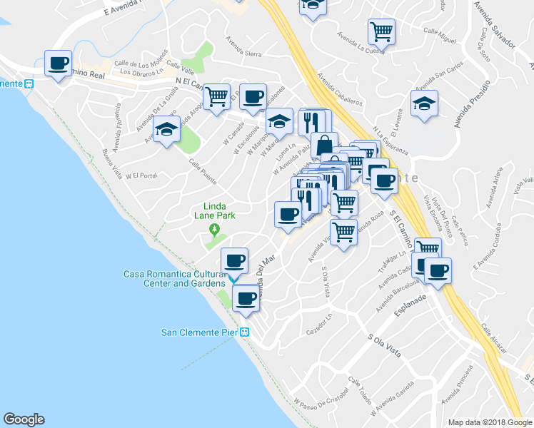 map of restaurants, bars, coffee shops, grocery stores, and more near 246 West Avenida Palizada in San Clemente