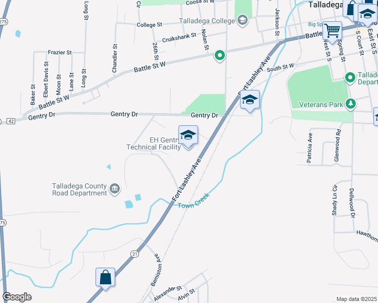 map of restaurants, bars, coffee shops, grocery stores, and more near 1105 Fort Lashley Avenue in Talladega