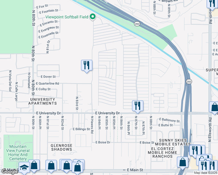 map of restaurants, bars, coffee shops, grocery stores, and more near Ln 3900 in Mesa