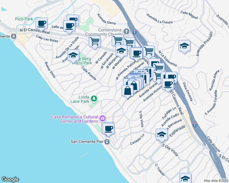 map of restaurants, bars, coffee shops, grocery stores, and more near 236 Avenida Serra in San Clemente