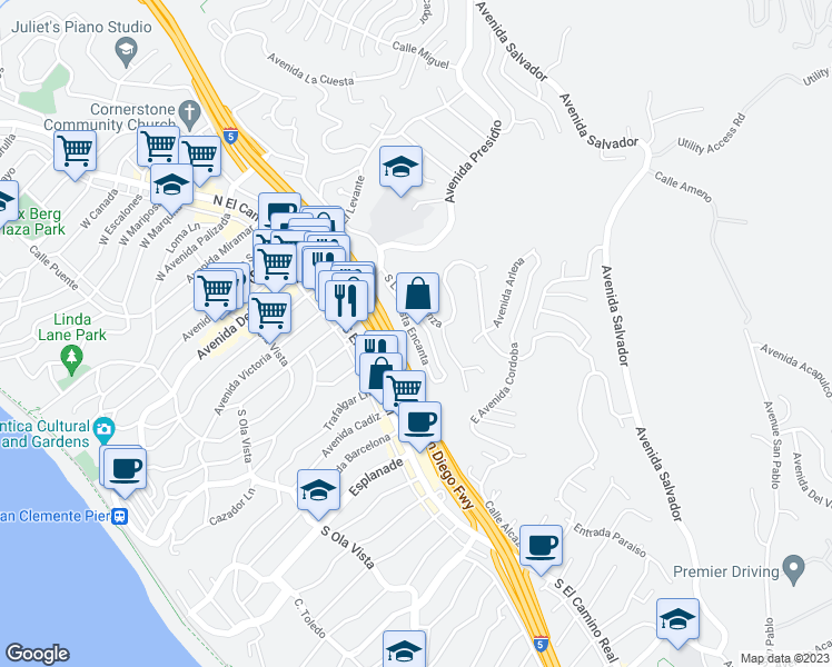map of restaurants, bars, coffee shops, grocery stores, and more near 31 Vista Del Ponto in San Clemente