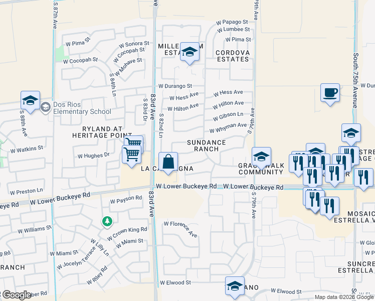 map of restaurants, bars, coffee shops, grocery stores, and more near 8143 West Watkins Street in Phoenix