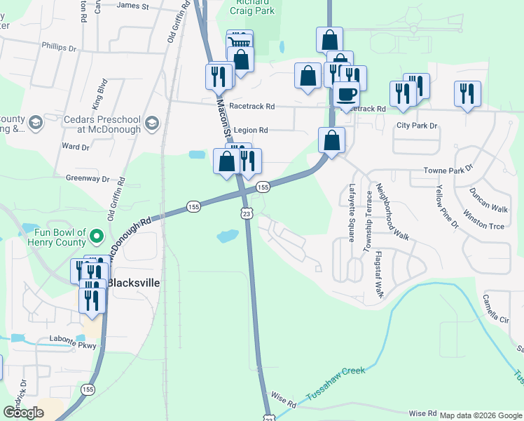 map of restaurants, bars, coffee shops, grocery stores, and more near Carrington Green Parkway in McDonough
