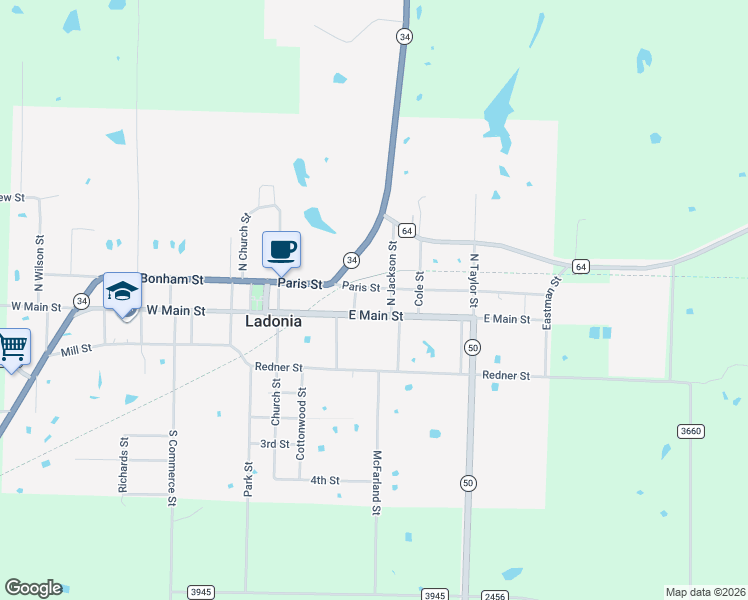 map of restaurants, bars, coffee shops, grocery stores, and more near 304 Paris Street in Ladonia