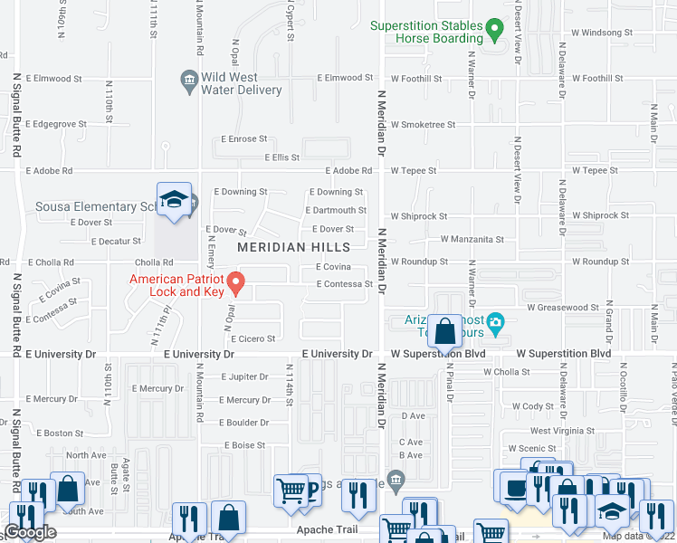 map of restaurants, bars, coffee shops, grocery stores, and more near 11513 East Covina Street in Mesa