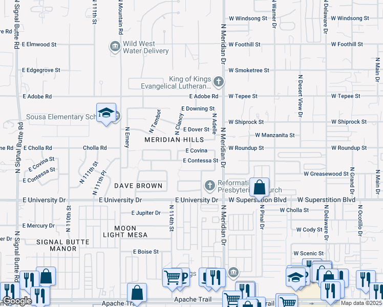 map of restaurants, bars, coffee shops, grocery stores, and more near 11449 East Covina in Mesa