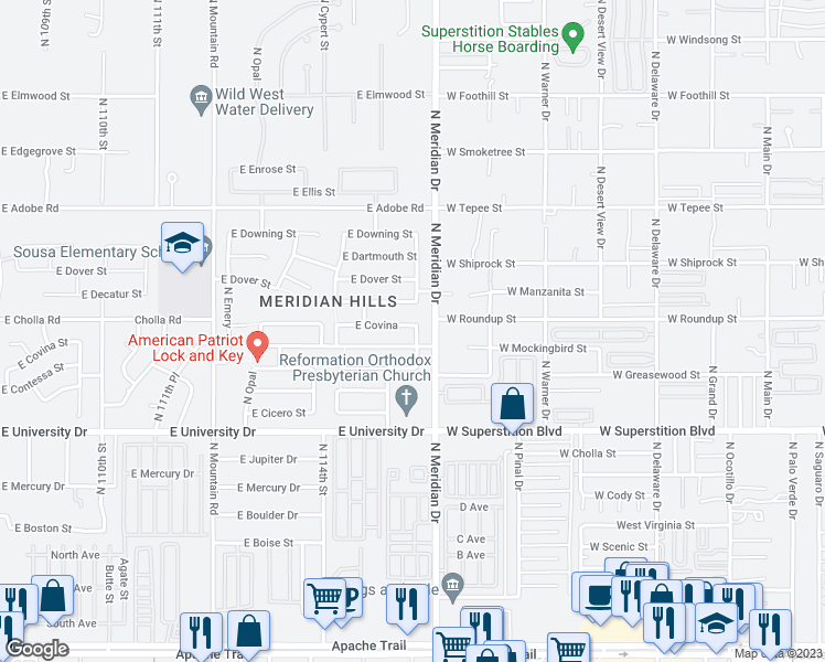 map of restaurants, bars, coffee shops, grocery stores, and more near 11555 East Covina in Mesa