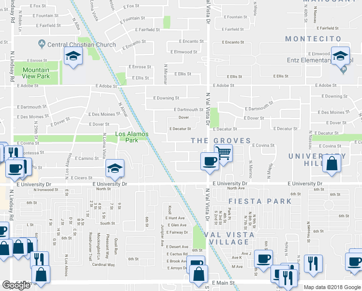 map of restaurants, bars, coffee shops, grocery stores, and more near 3461 East Covina Street in Mesa