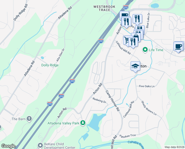 map of restaurants, bars, coffee shops, grocery stores, and more near 2408 Acton Park Circle in Birmingham