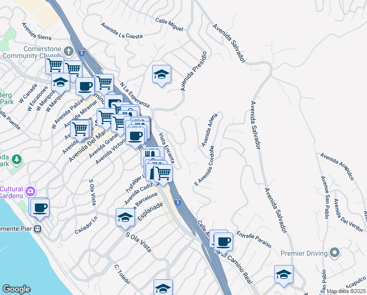 map of restaurants, bars, coffee shops, grocery stores, and more near 103 Calle Patricia in San Clemente
