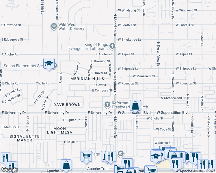 map of restaurants, bars, coffee shops, grocery stores, and more near 11549 East Covina in Mesa
