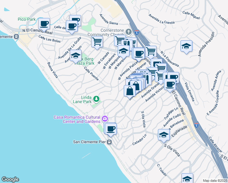 map of restaurants, bars, coffee shops, grocery stores, and more near 601 Calle Puente in San Clemente