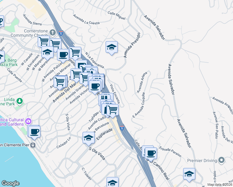 map of restaurants, bars, coffee shops, grocery stores, and more near 207 South La Esperanza in San Clemente