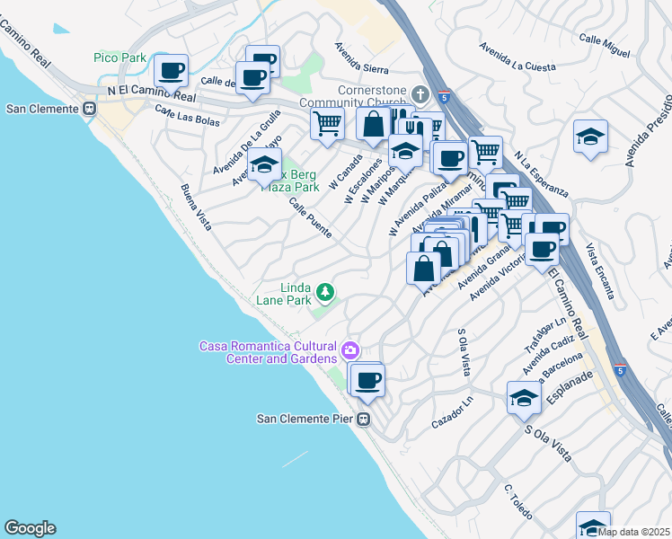 map of restaurants, bars, coffee shops, grocery stores, and more near in San Clemente