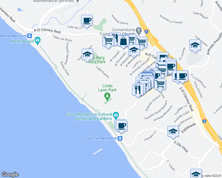 map of restaurants, bars, coffee shops, grocery stores, and more near 224 West Marquita in San Clemente