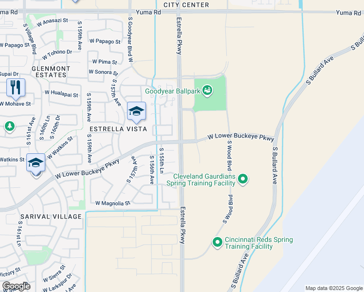 map of restaurants, bars, coffee shops, grocery stores, and more near 2401 South Estrella Parkway in Goodyear