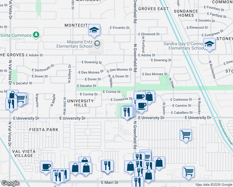 map of restaurants, bars, coffee shops, grocery stores, and more near 4257 East Covina Street in Mesa