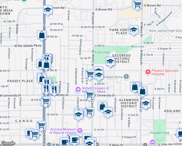 map of restaurants, bars, coffee shops, grocery stores, and more near 603 North Center Street in Mesa