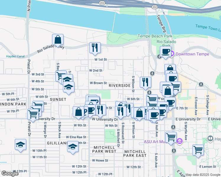 map of restaurants, bars, coffee shops, grocery stores, and more near 22 West Brown Street in Tempe